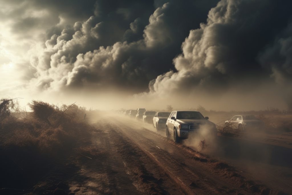 Cars driving through heavy smoke and ash on a Los Angeles road