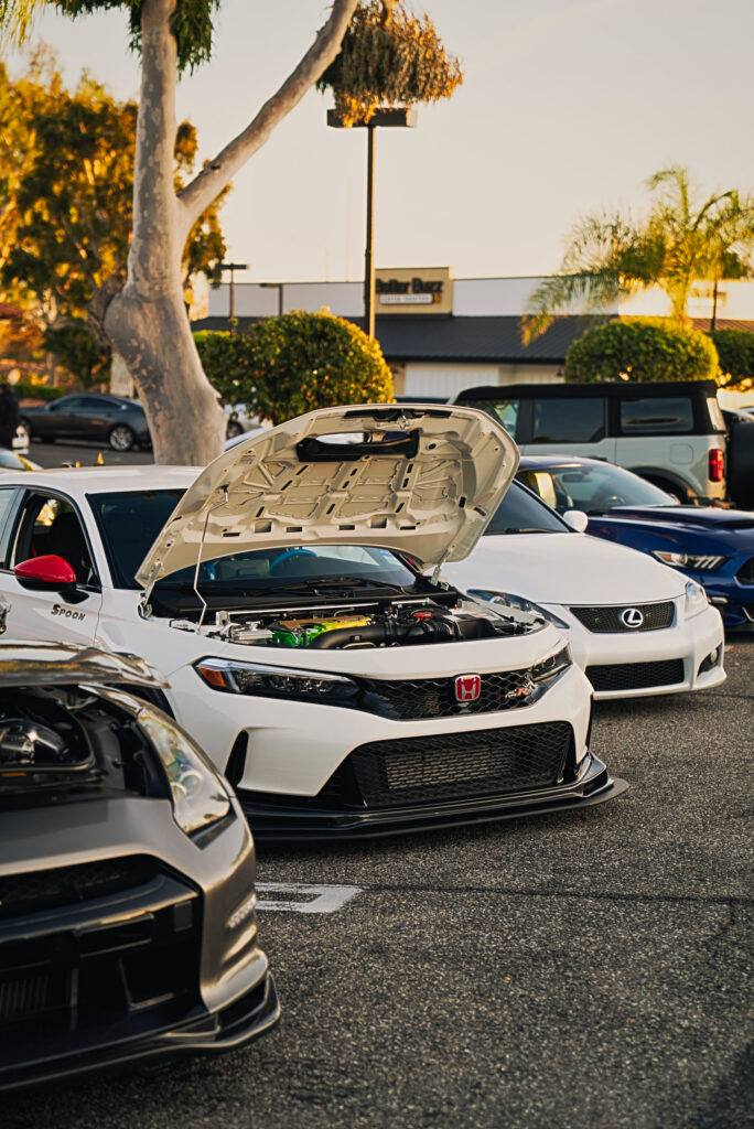 White Honda Civic Type R with hood open at Just Anoth3r Car Show, Placentia